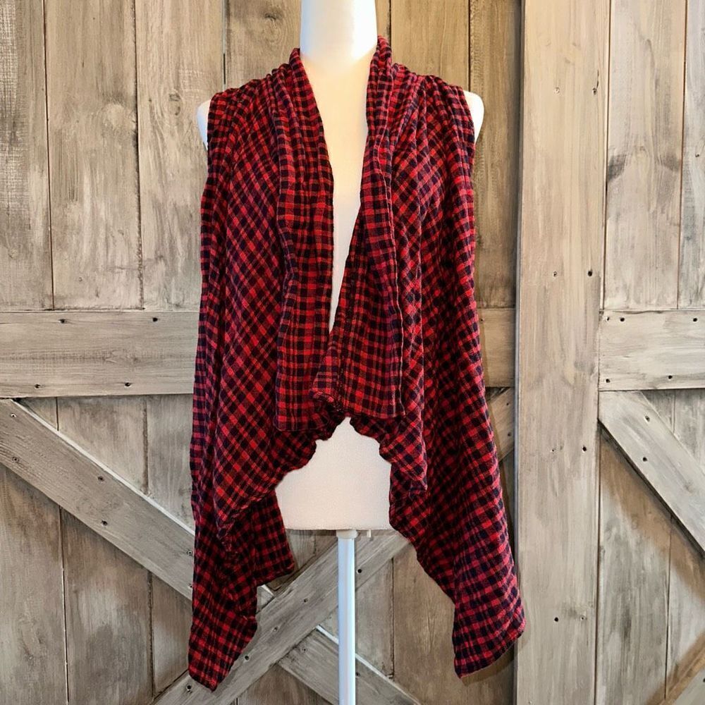 Red and black buffalo check vest asymmetrical